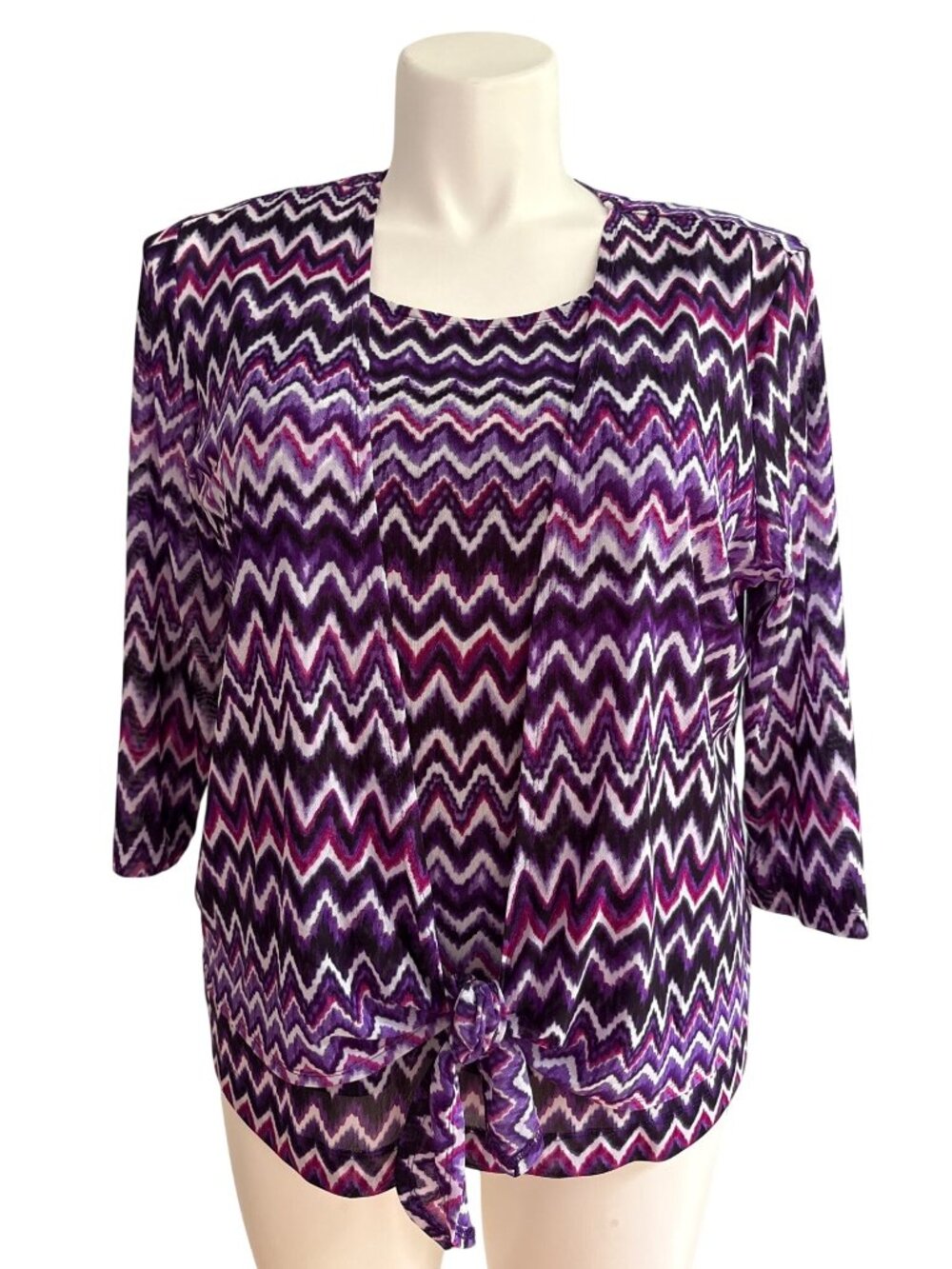 Chicos Travelers Collection Purple Chevron Mesh Tie-Front Shrug w/Tank Size 3